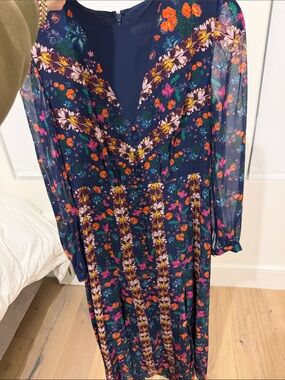 SALONI Silk Floral Midi Dress | Long Sleeve | Button Front | US 8